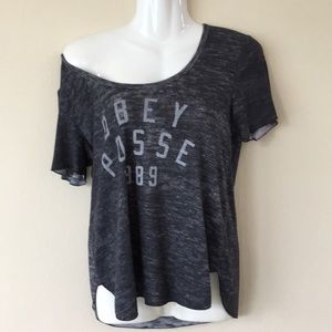 Small “Obey” grey t-shirt w/ slight burnout effect